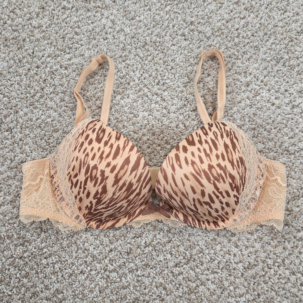 Victoria's Secret Push Up Bra Leopard Print Brown Nude Lace Detail 34B Underwire